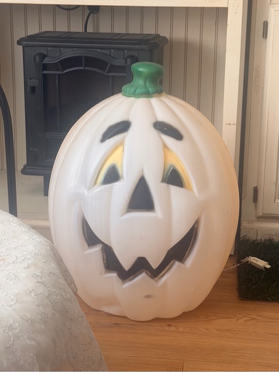 Blowmold Other - Vintage White Light-Up Halloween Pumpkin Decoration with Green Stem